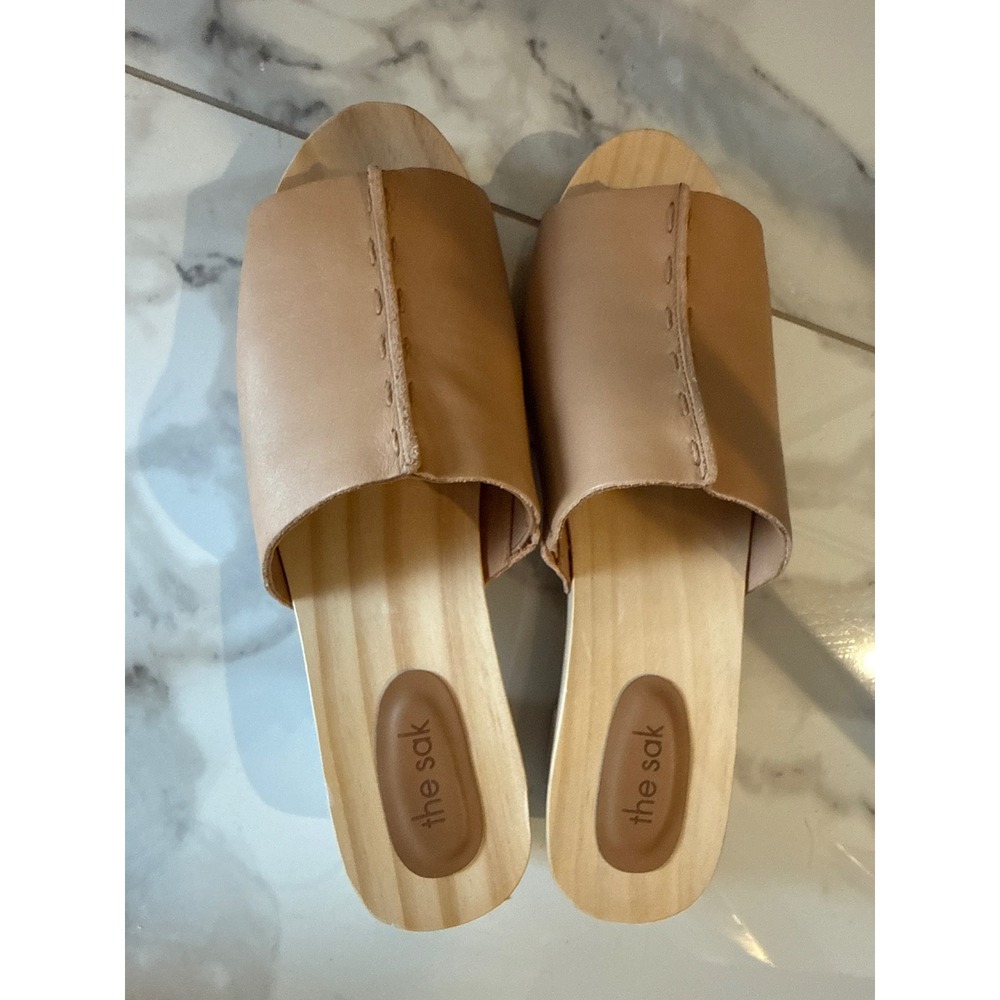 The Sak Womens Tan Leather Wood Block Heel Slide Sandal Clogs Size 10